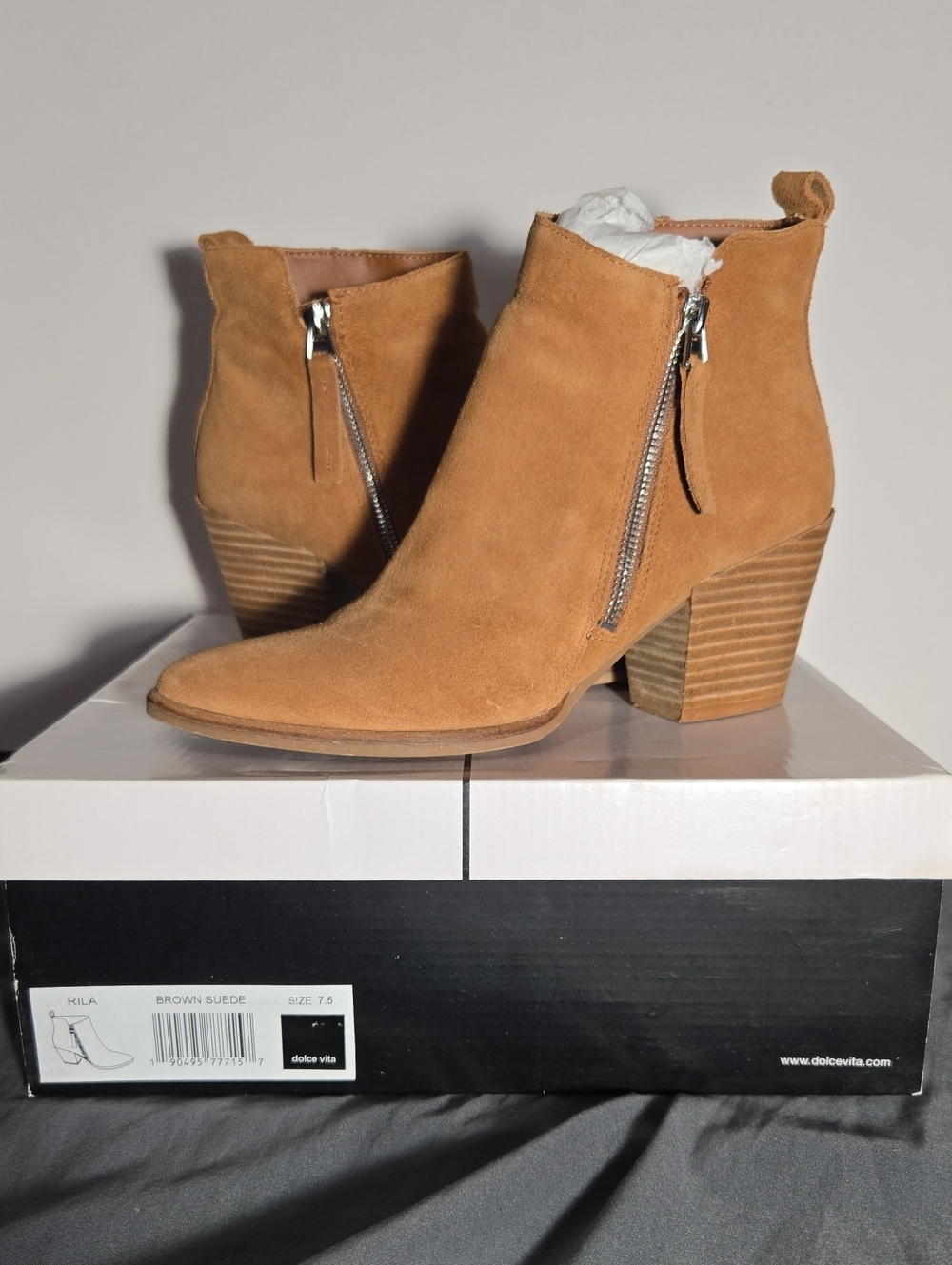 Dolce Vita Tan Suede Ankle Booties with Stacked Heel
